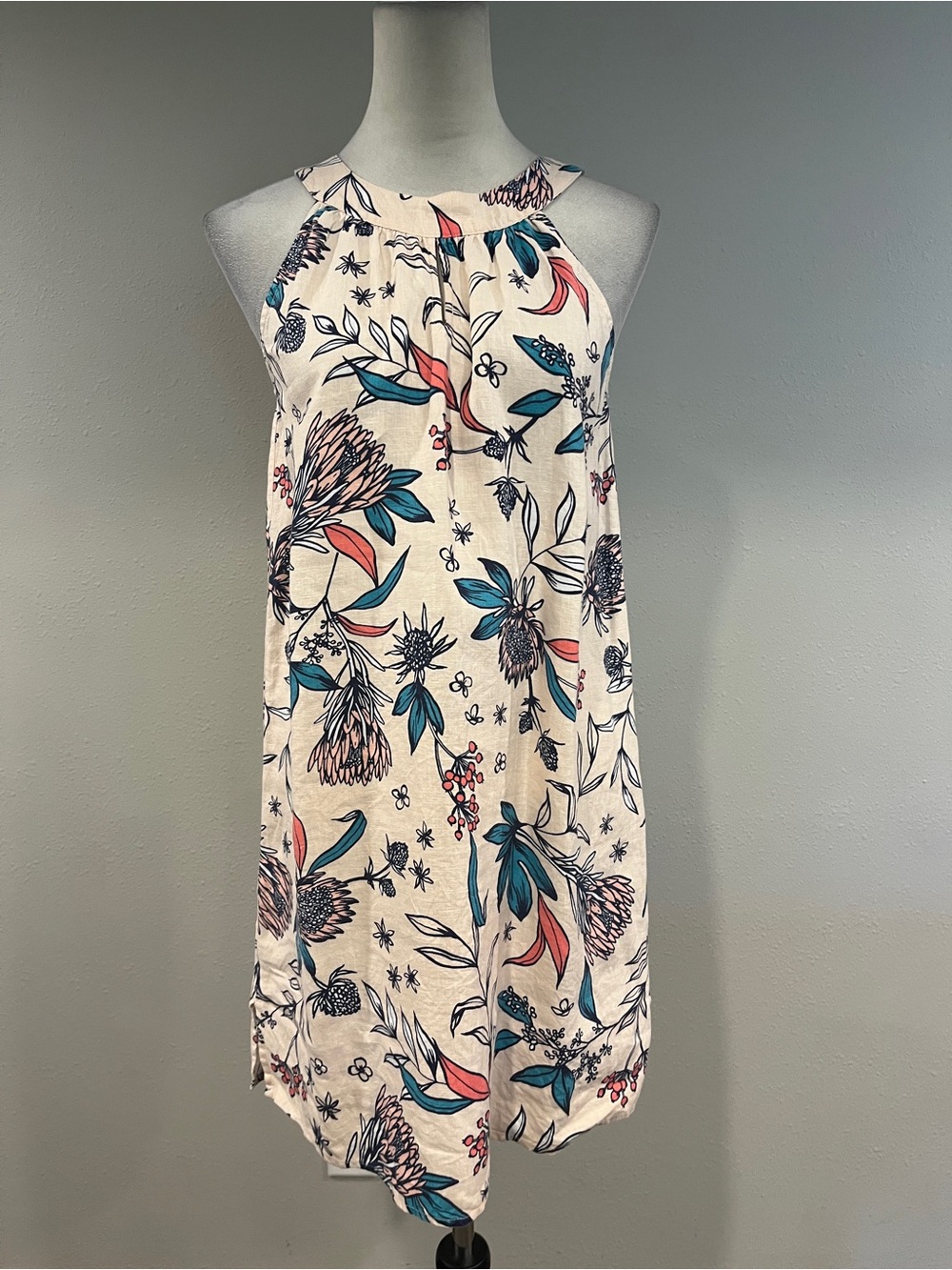 Rachel Ashwell Sleeveless Floral Halter Dress in Cream with Teal & Coral Accents